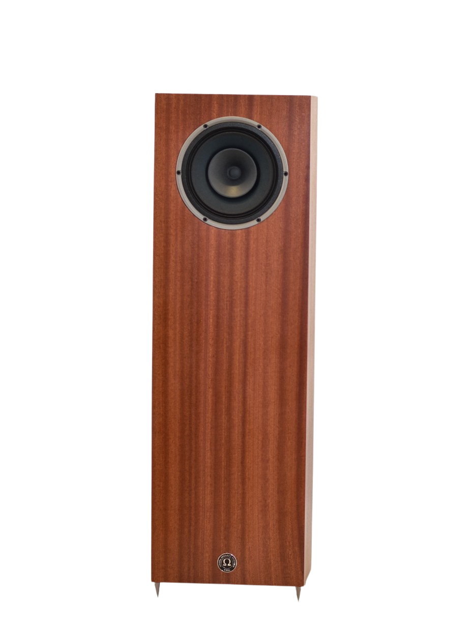 omega speakers junior 8 xrs front view no grill finished in Mahogany wood