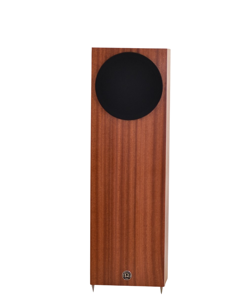 omega speakers junior 8 xrs facing front with black round grill finished in mahogany wood