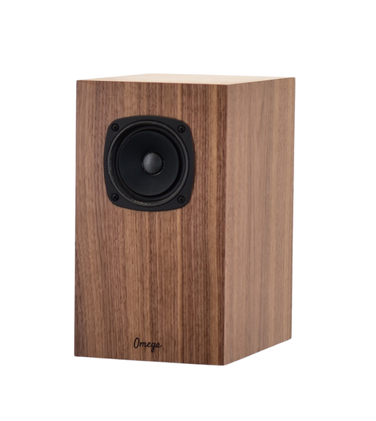omega speakers super 3i in walnut wood no grill facing left
