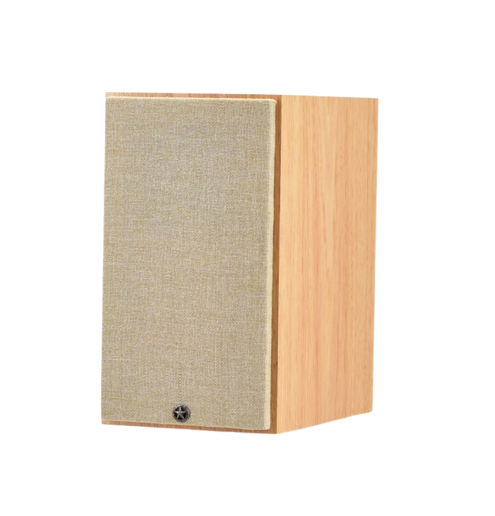 omega speakers super 3i in white oak wood with vintage Tan grill facing left
