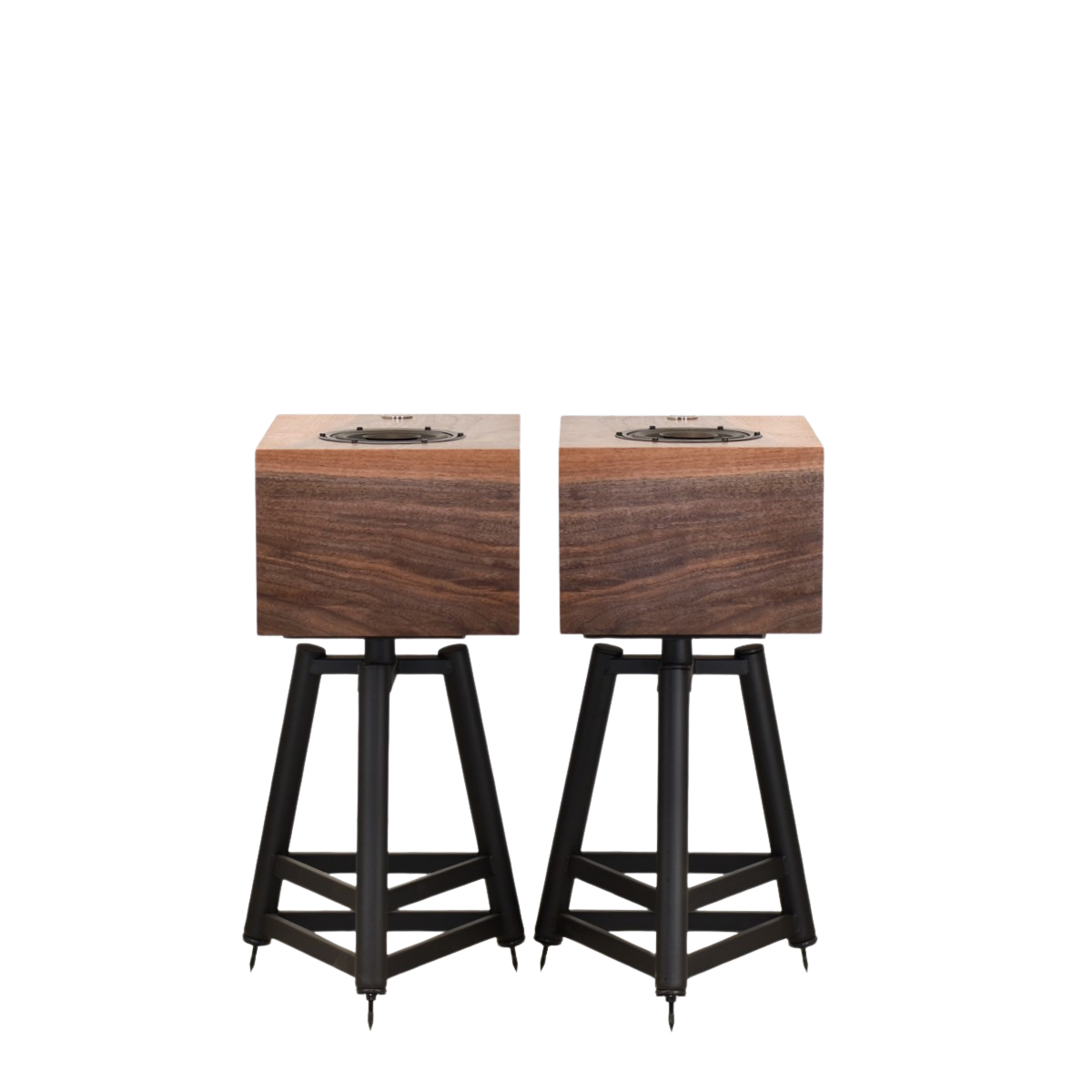 top view of Omega speaker systems CAMs showing claro walnut figure in a mirror image pattern