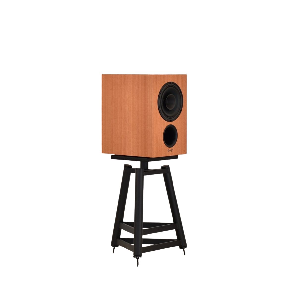 omega speakers baby alnico monitor front facing to right on tripod stands