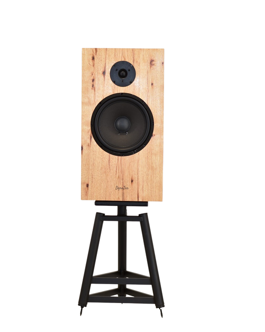 A DynaTen J25 Special speaker with a hickory finish displayed on a stand, showcasing its woofer and tweeter.