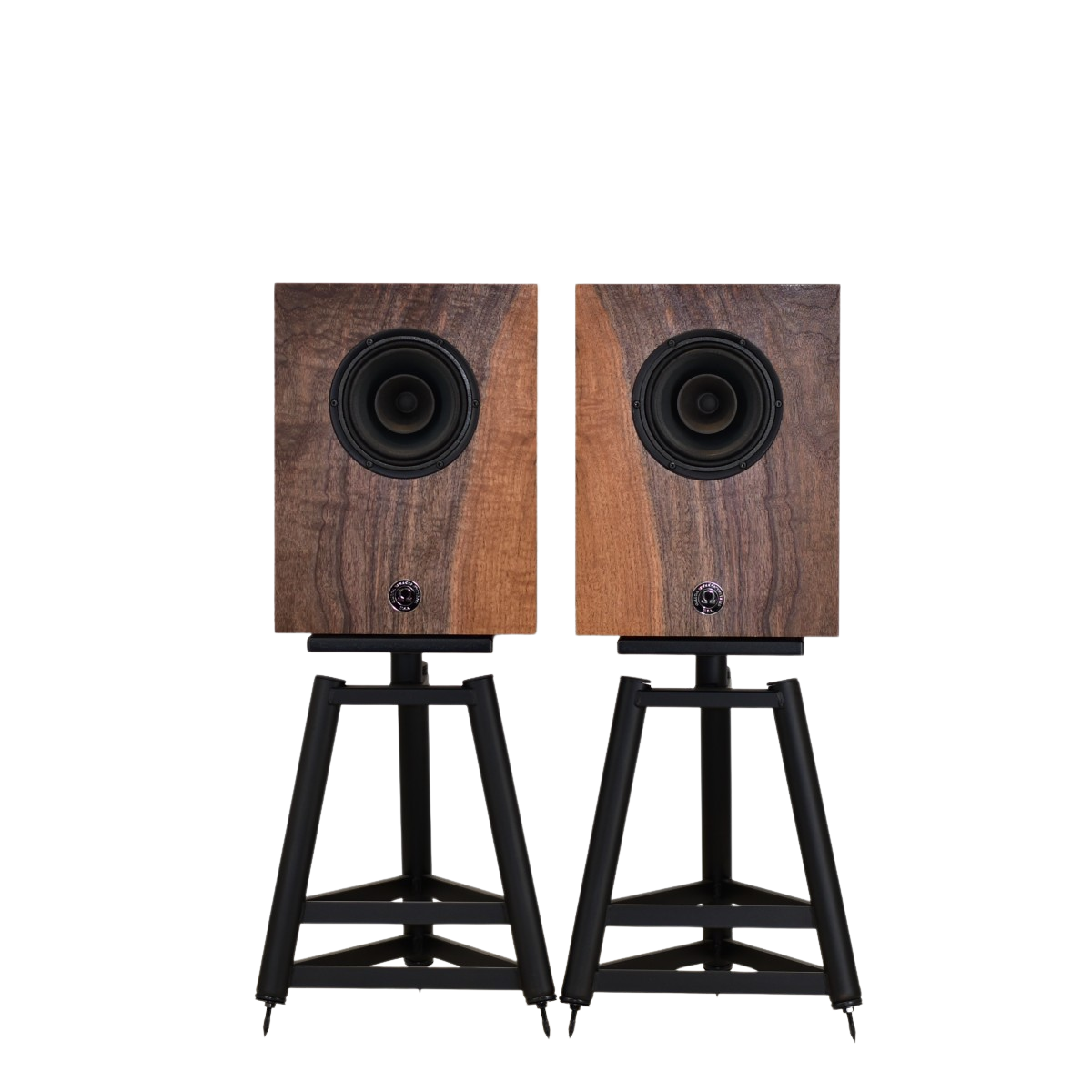 omega speakers compact alnico monitor in claro walnut book matched on stands