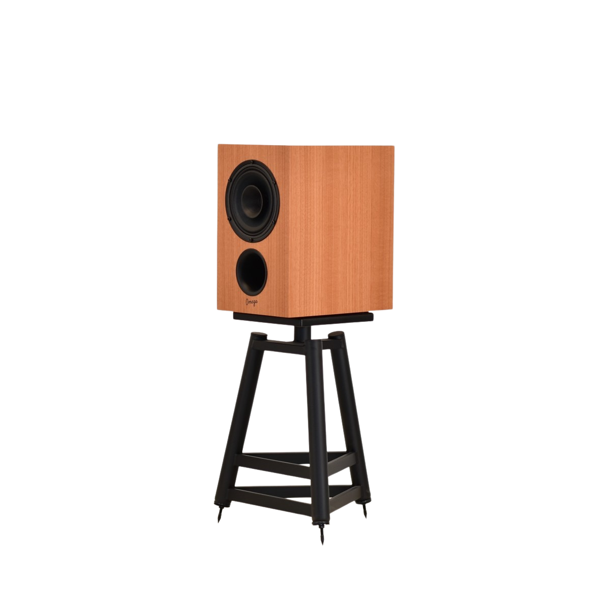 baby alnico monitor by omega on tripod stands facing left