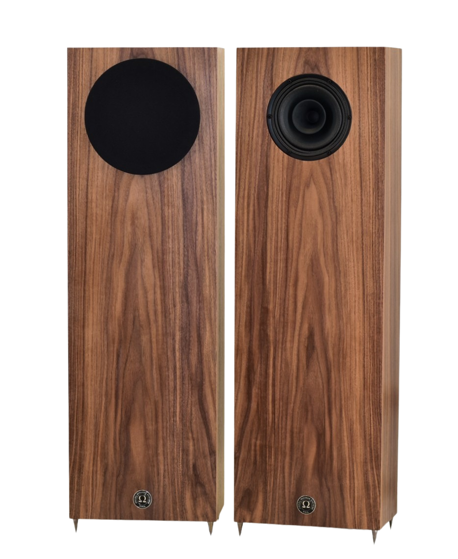 A pair of Omega Junior Alnico XRS floorstanding speakers made with a walnut wood finish, one with a black round grill