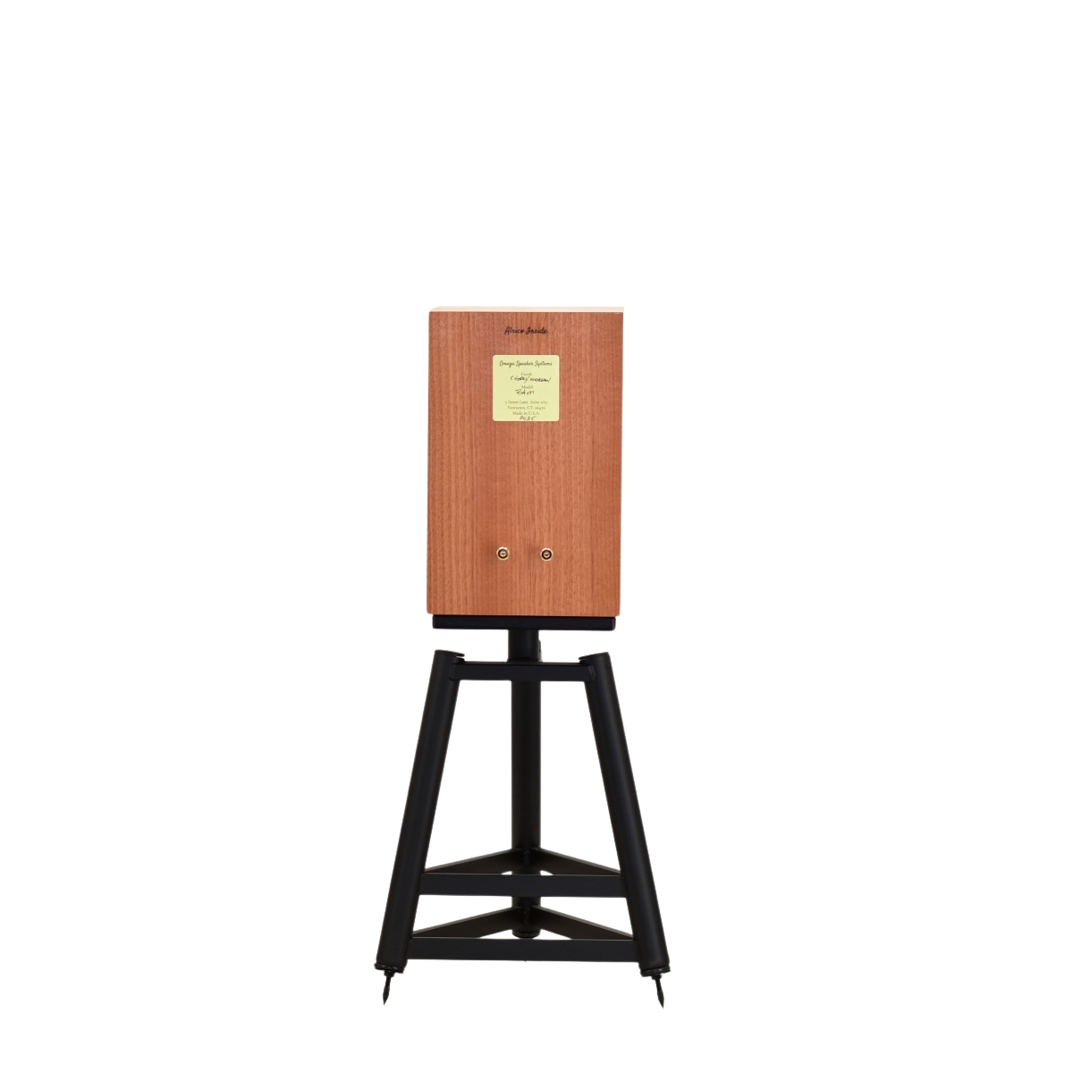 rear view of omega speakers baby alnico monitor on stands showing binding posts