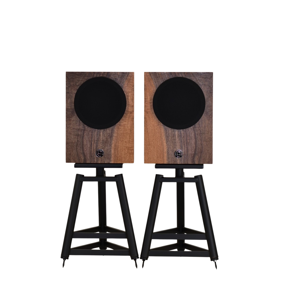 omega speakers pair of CAMs with round black grills on stands