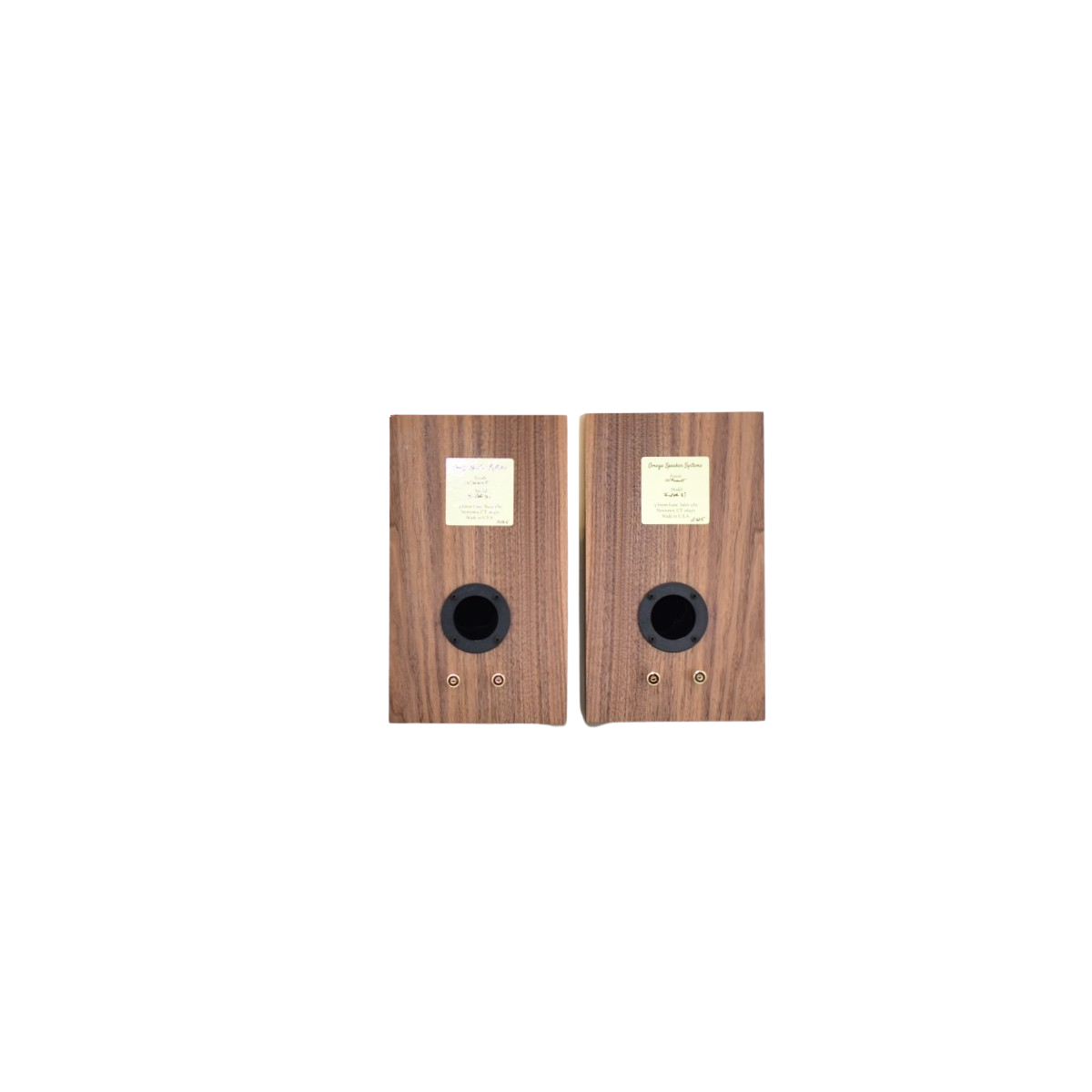 omega speakers super 3i rear showing binding posts and ports in walnut wood