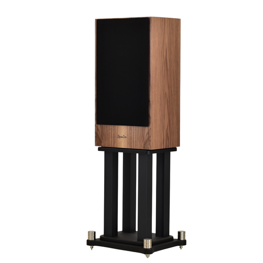 DynaTen speakers showing 10" woofer and tweeter on stands finished in walnut with black grill