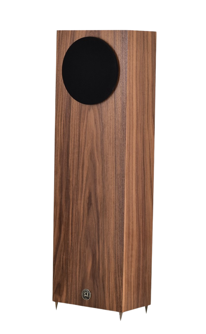 omega speakers junior alnico xrs in walnut wood with black round grill facing to the left