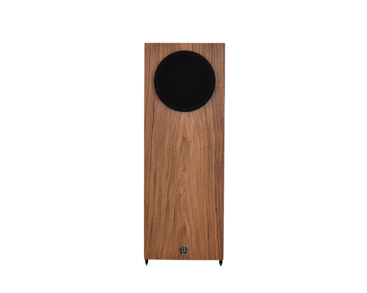 omega speakers super 8 xrs in walnut wood finish with black grill facing forward