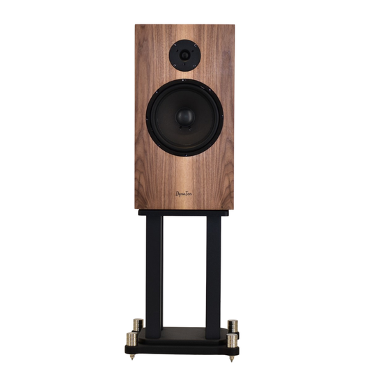 DynaTen speakers showing 10" woofer and tweeter on stands finished in walnut