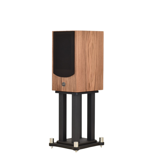 Single driver alnico omega super alnico monitor in walnut on stands with black grill