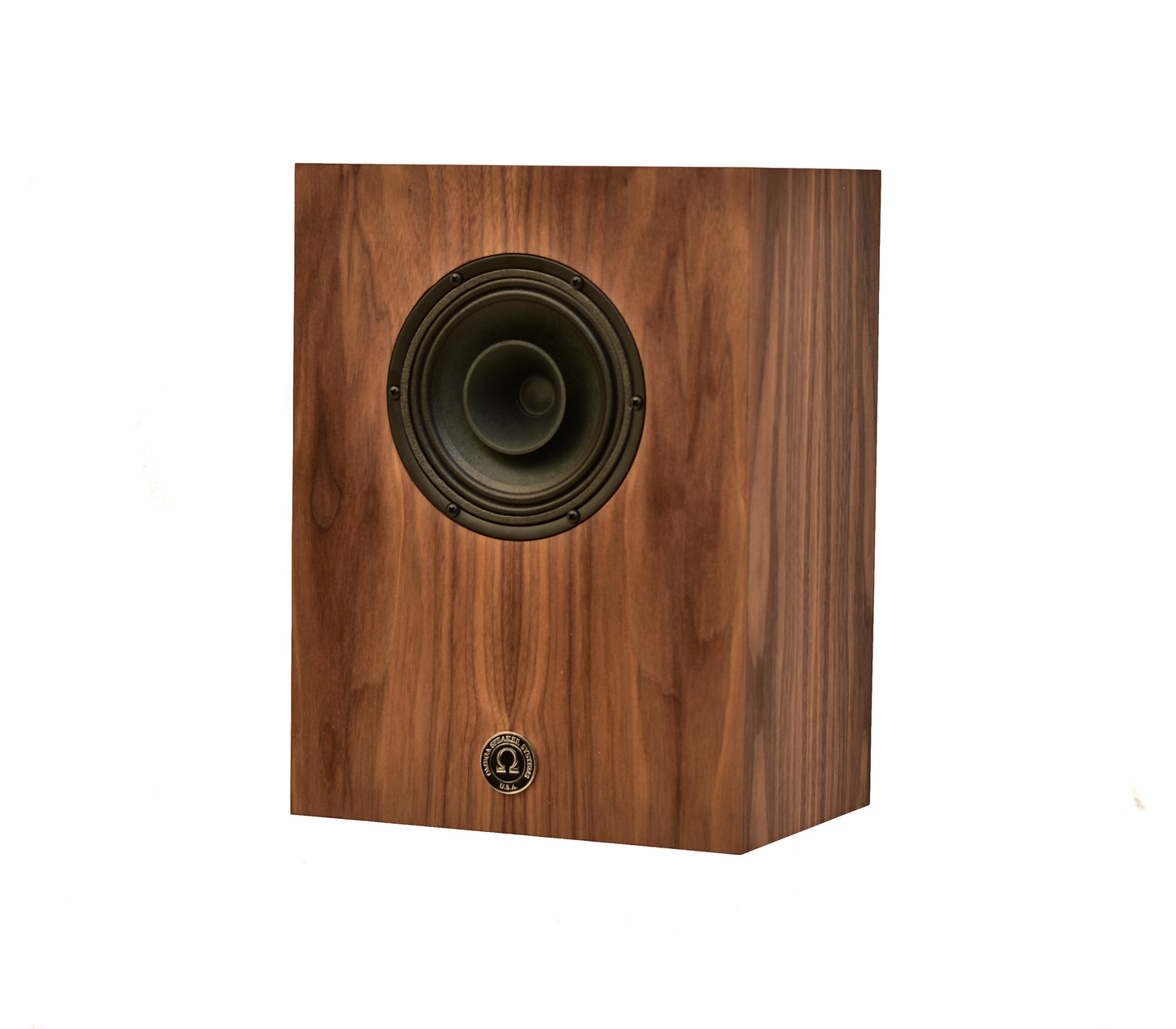 omega Speakers compact alnico monitor left view no grill finished in walnut wood