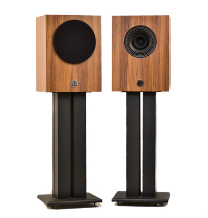 omega Speakers compact alnico monor matched pair on stands one with round black grill