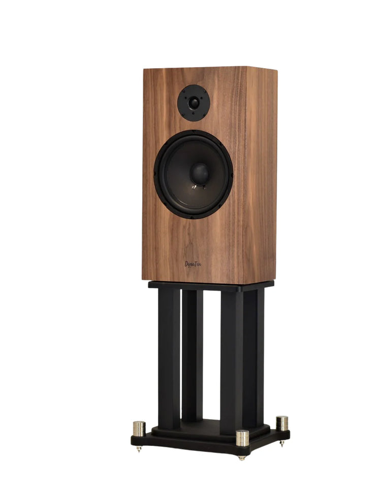 omega speakers DynaTen J25 on stand facing left in walnut wood finish