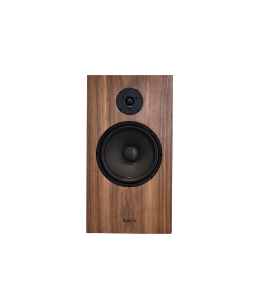 omega speakers dynaten J25 in walnut wood facing front with no grill