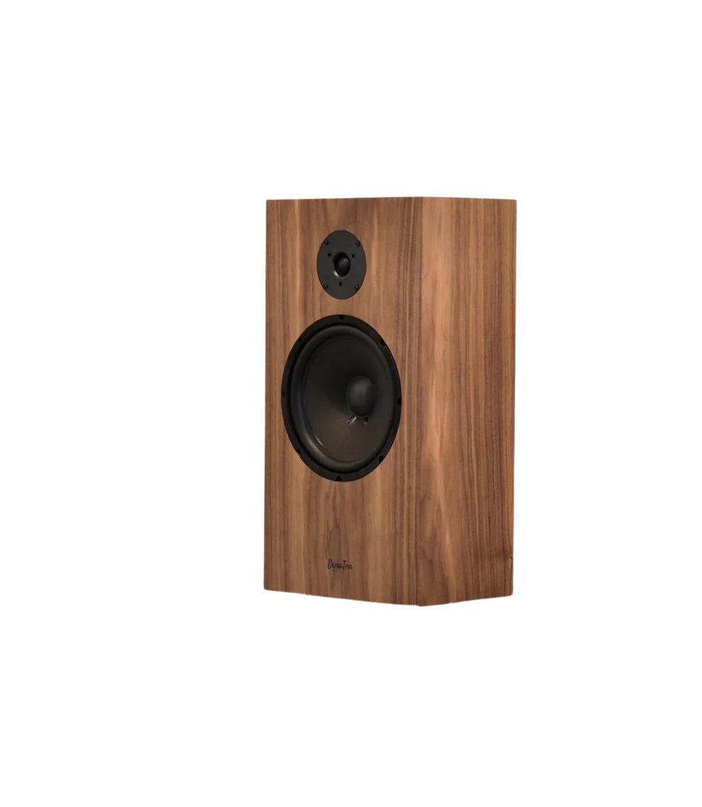 left facing view of omega speakers dynaten J25 no grill finished in walnut wood