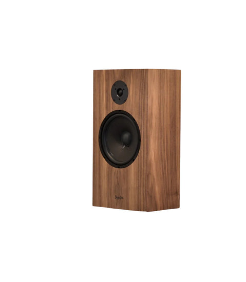 left facing view of omega speakers dynaten J25 no grill finished in walnut wood