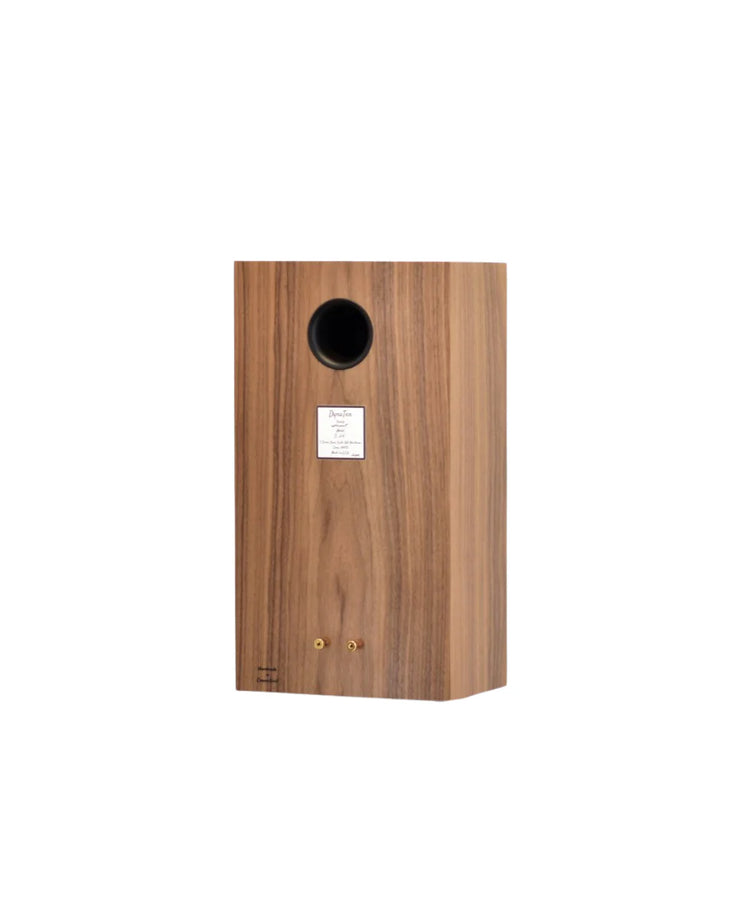 rear view of omega speakers dynaten J25 facing left finished in walnut wood