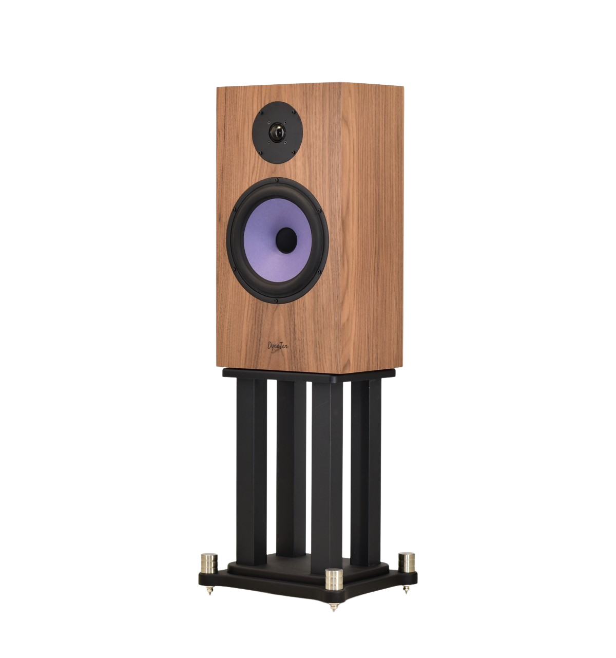 DynaTen J25 Expert finished in walnut on stands facing left no grill