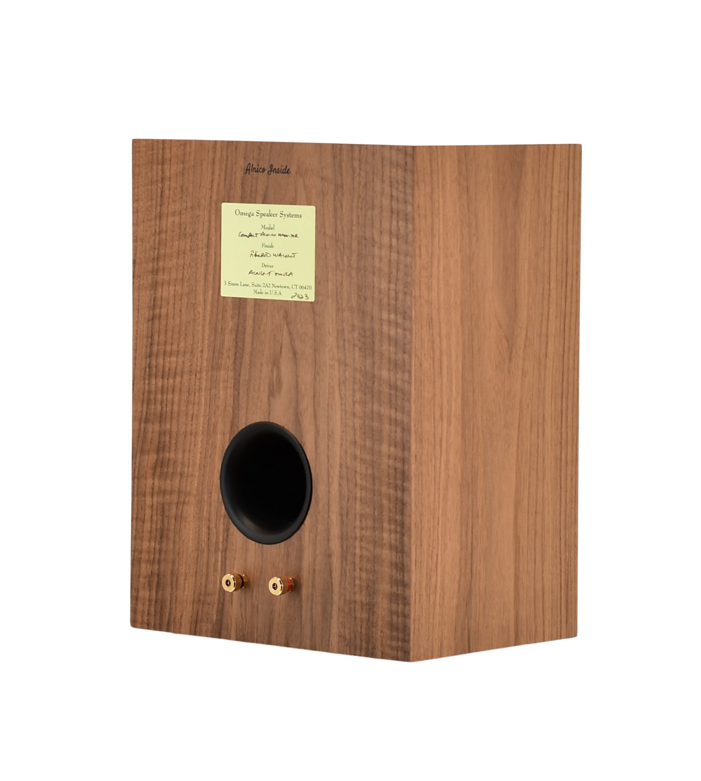 omega Speakers compact alnico monitor finished in curly walnut wood back view to the left