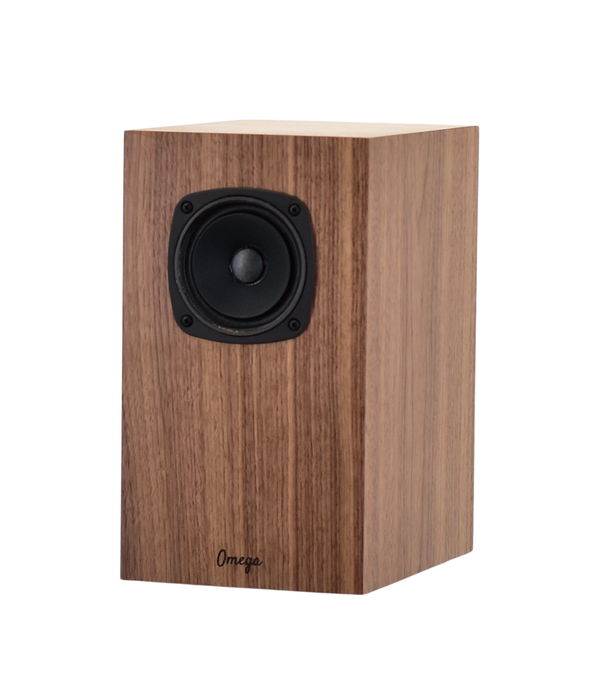 omega speakers super 3i in walnut wood no grill facing left