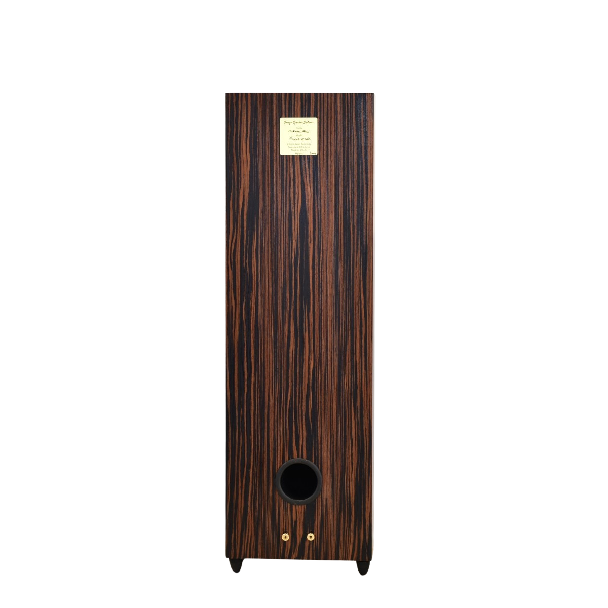 omega speakers junior 8 xrs finished in macassar ebony showing the rear with port and binding posts