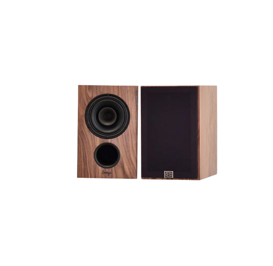 matched set of omega speakers baby alnico monitors one with black grill in walnut wood finish