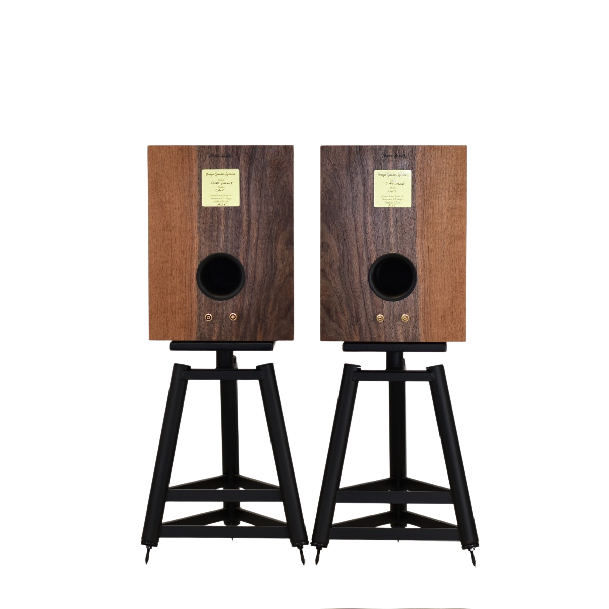 rear of omega speakers cams in claro walnut showing ports and binding posts