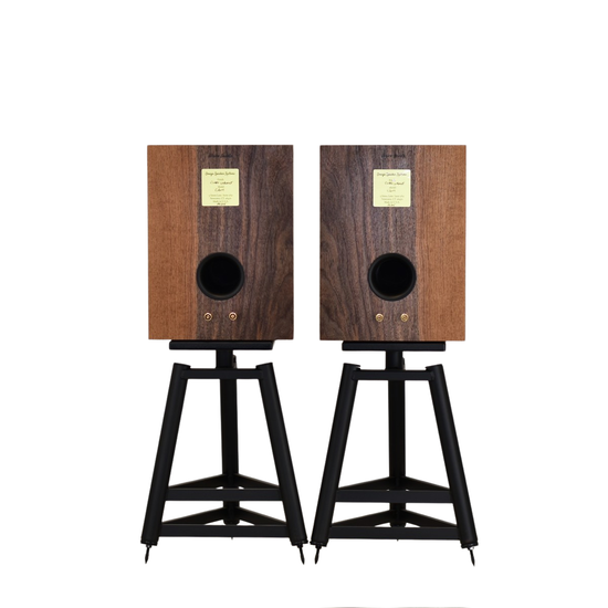 rear of omega speakers cams in claro walnut showing ports and binding posts
