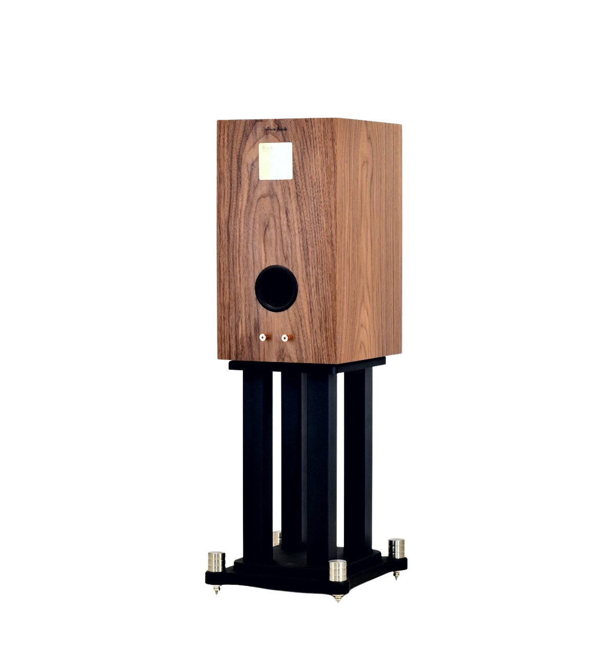 rear view of omega super alnico monitor showing port and binding posts on stand in walnut wood finish