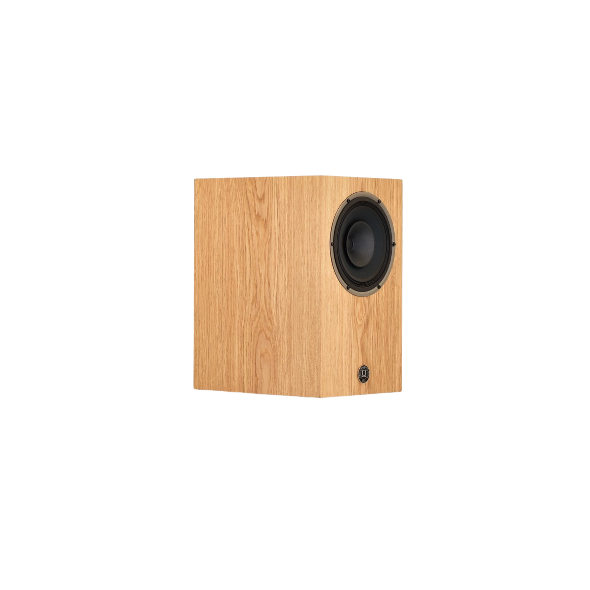 omega Speakers compact eight monitor facing to the right with no grill finished in white oak wood