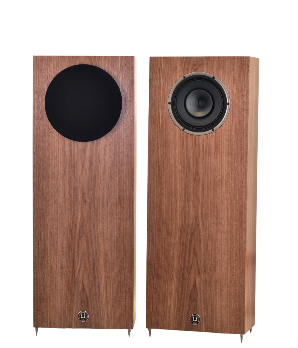 omega Speakers super 8 xrs matched pair in walnut wood finished one with round black grll