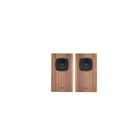 Omega Speakers super 3i facing front no grills walnut matched cabinets with script log
