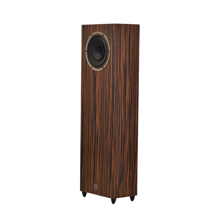 omega speakers junior 8 xrs finished in macassar ebony showing driver facing to the left