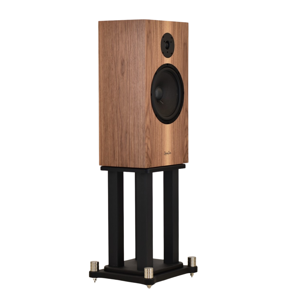 DynaTen speakers showing 10" woofer and tweeter on stands finished in walnut facing right