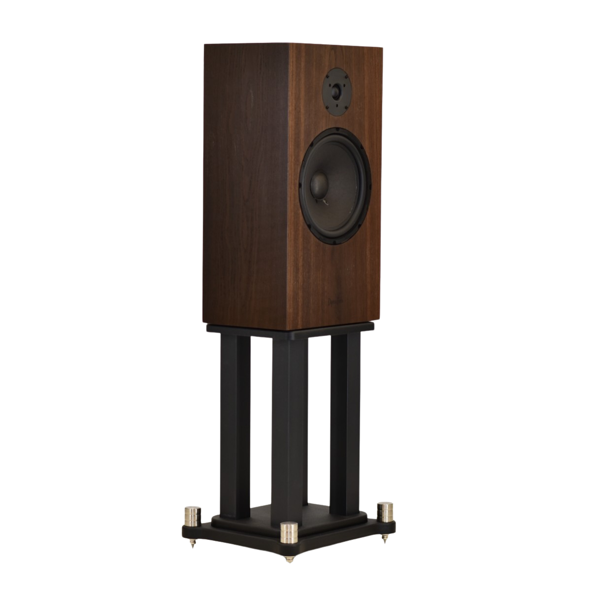 omega dynaten j25 on stands with black grills facinmg right in fumed white oak