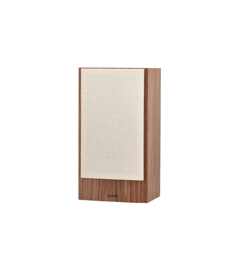 omega speakers dynaten J25 with vintage Tan grill facing left finished in walnut wood