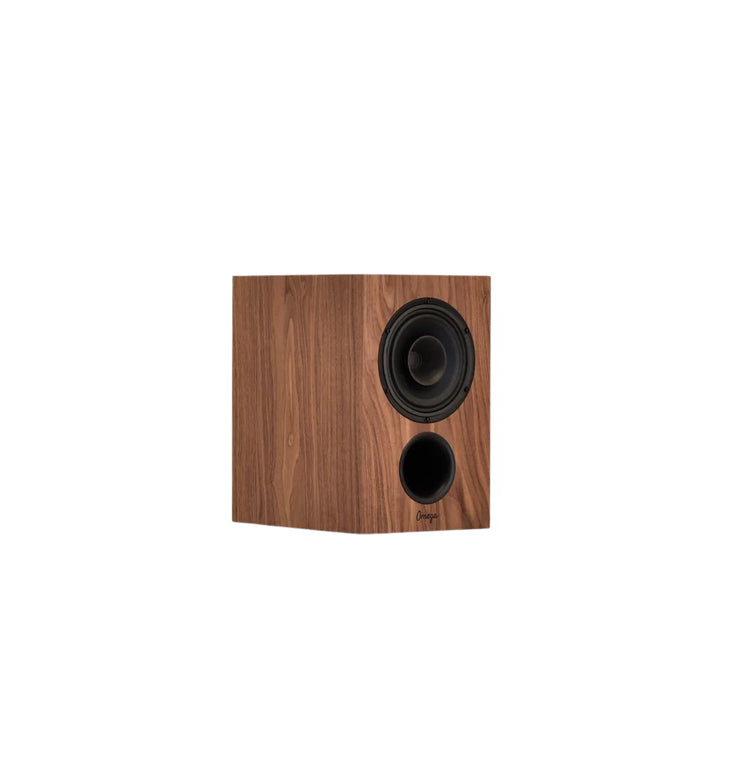 omega speakers baby alnico monitors facing right with no grill finished in walnut wood
