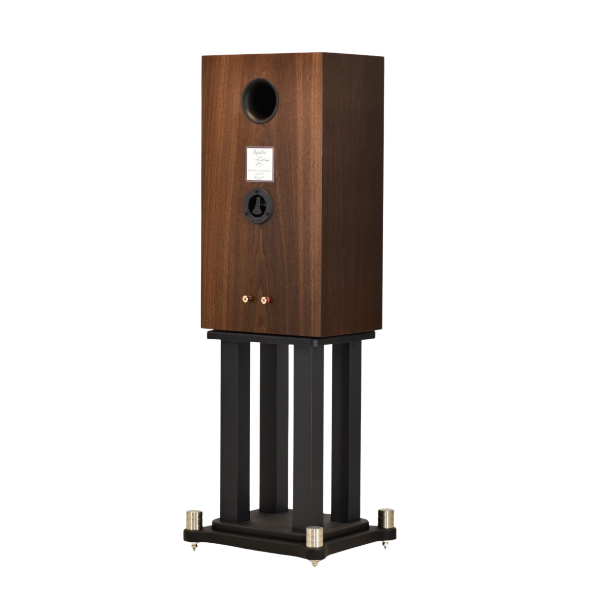 rear of Dynaten J25 showing attenuator, port, and binding posts on stands