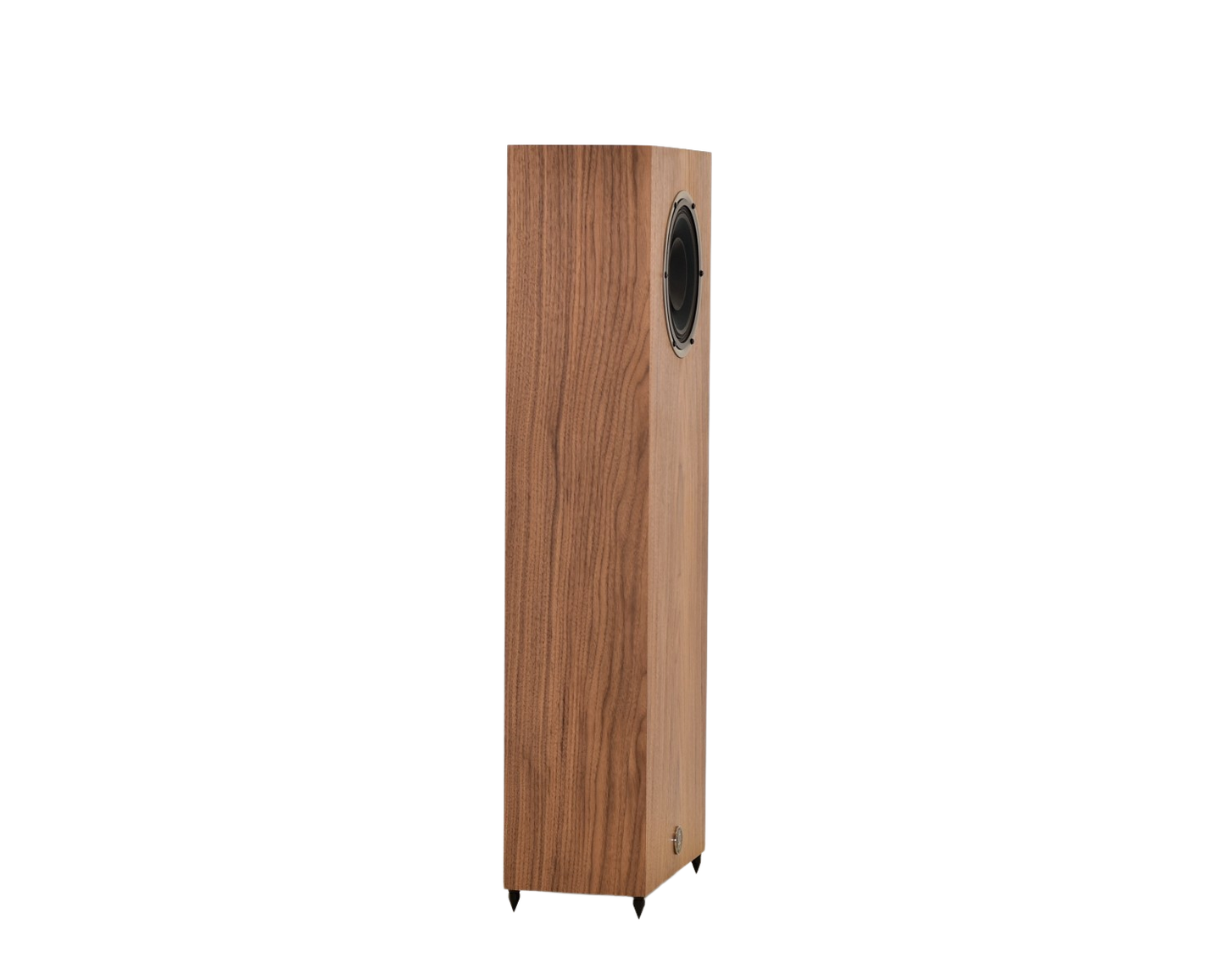 omega speakers super 8 xrs with no grill facing right showing the side of the speaker in walnut wood finish