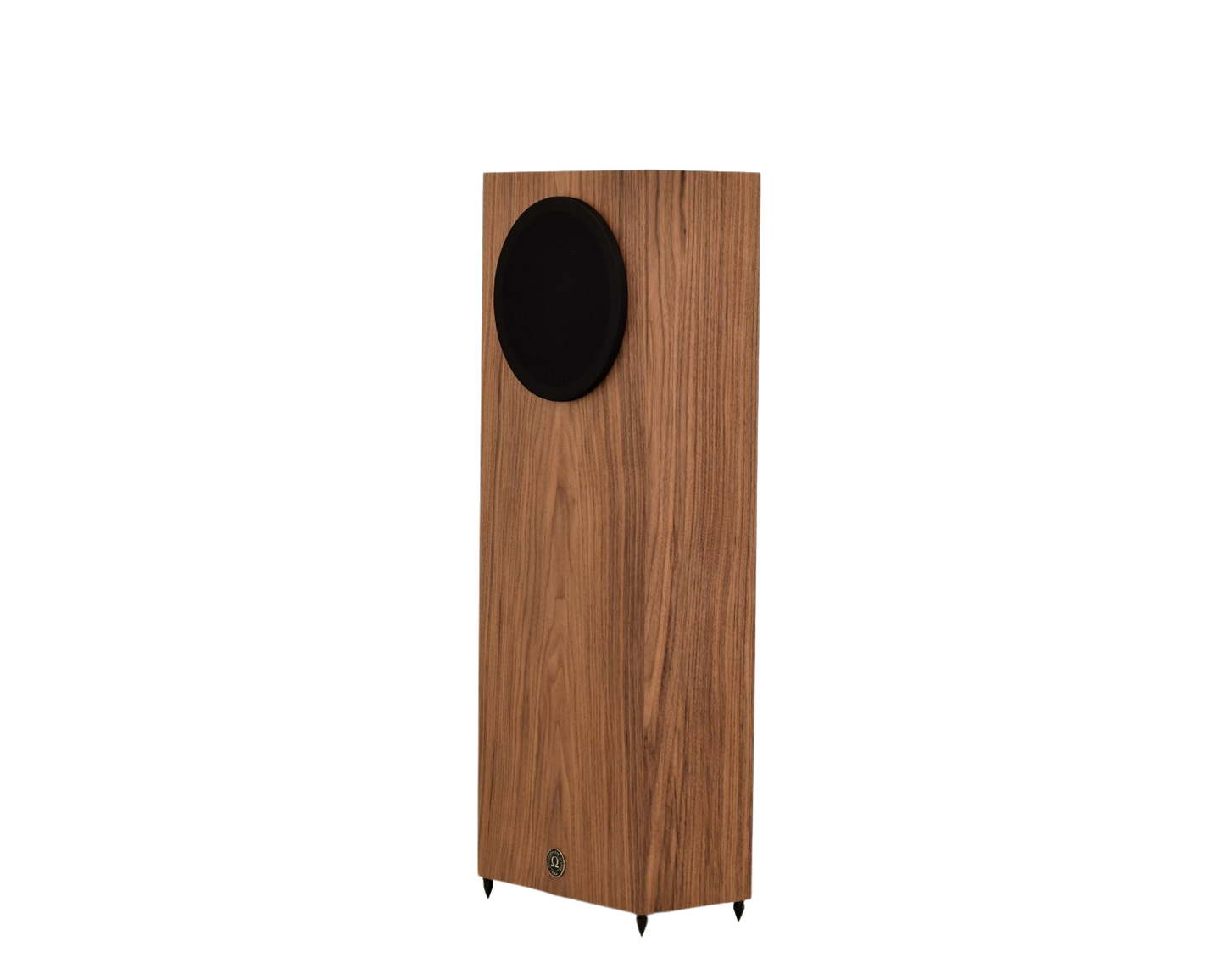 super 8 xrs in walnut wood facing to the left with black circular grill by omega speakers