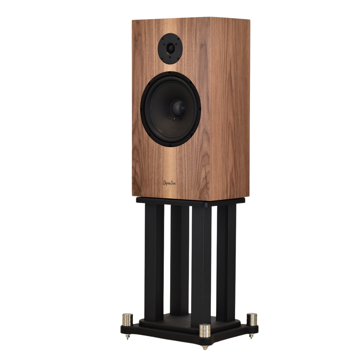 DynaTen speakers showing 10" woofer and tweeter on stands finished in walnut facing left