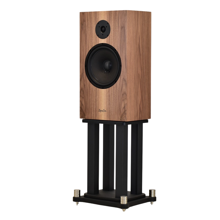 DynaTen speakers showing 10" woofer and tweeter on stands finished in walnut facing left