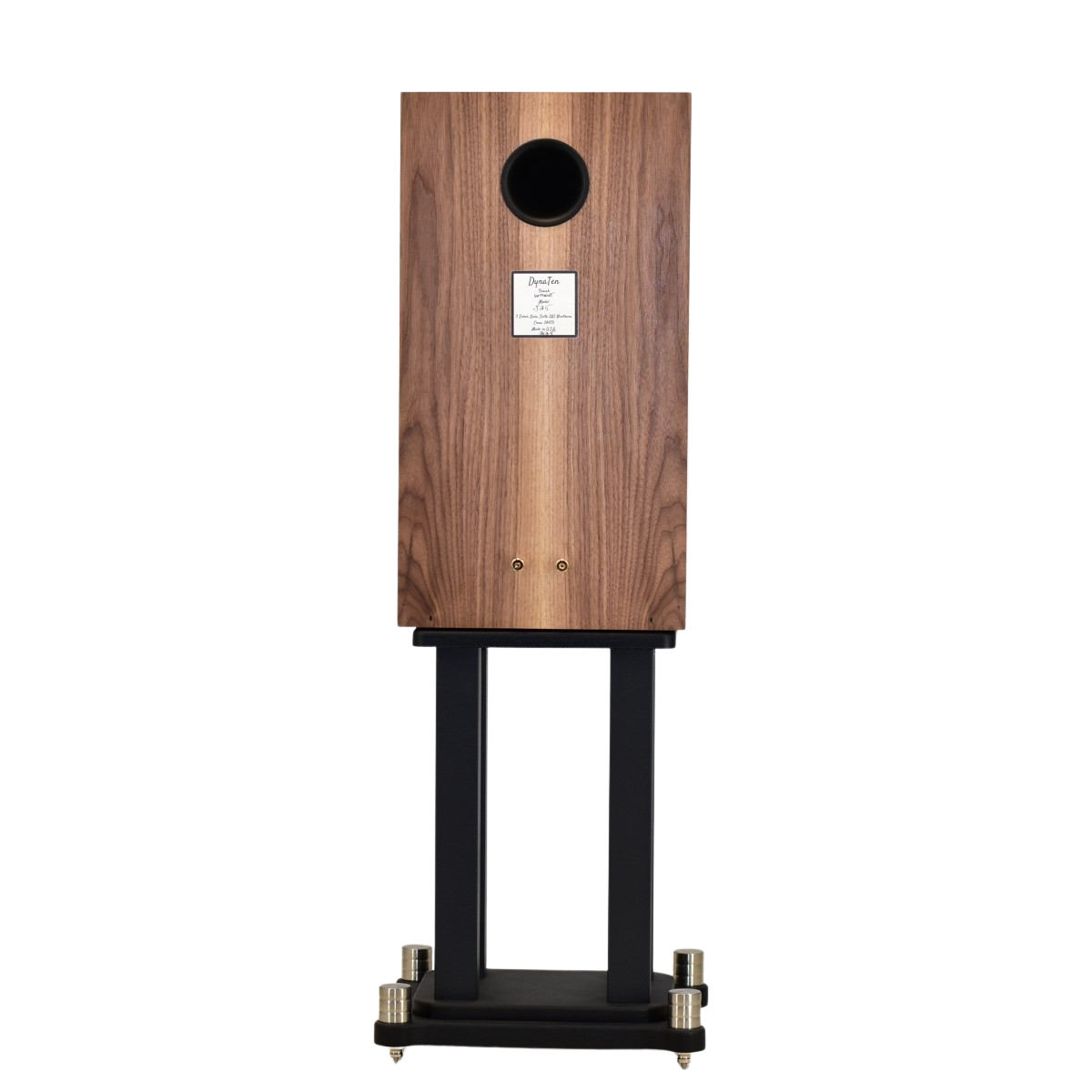 rear picture of Dynaten J25 speaker showing port and binding posts on stands finished in walnut