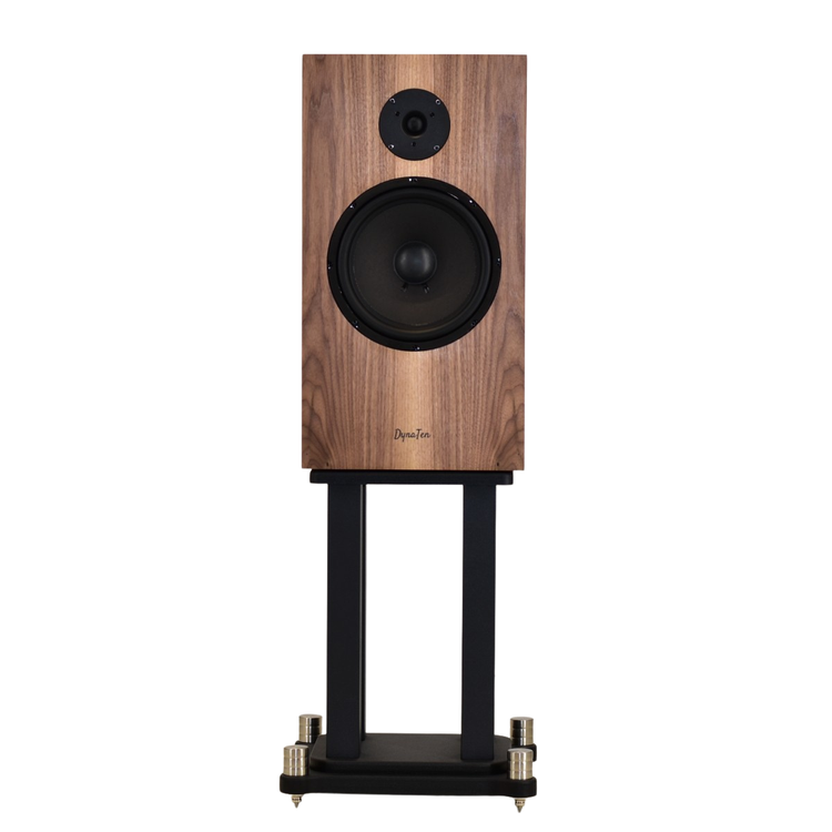 DynaTen speakers showing 10" woofer and tweeter on stands finished in walnut
