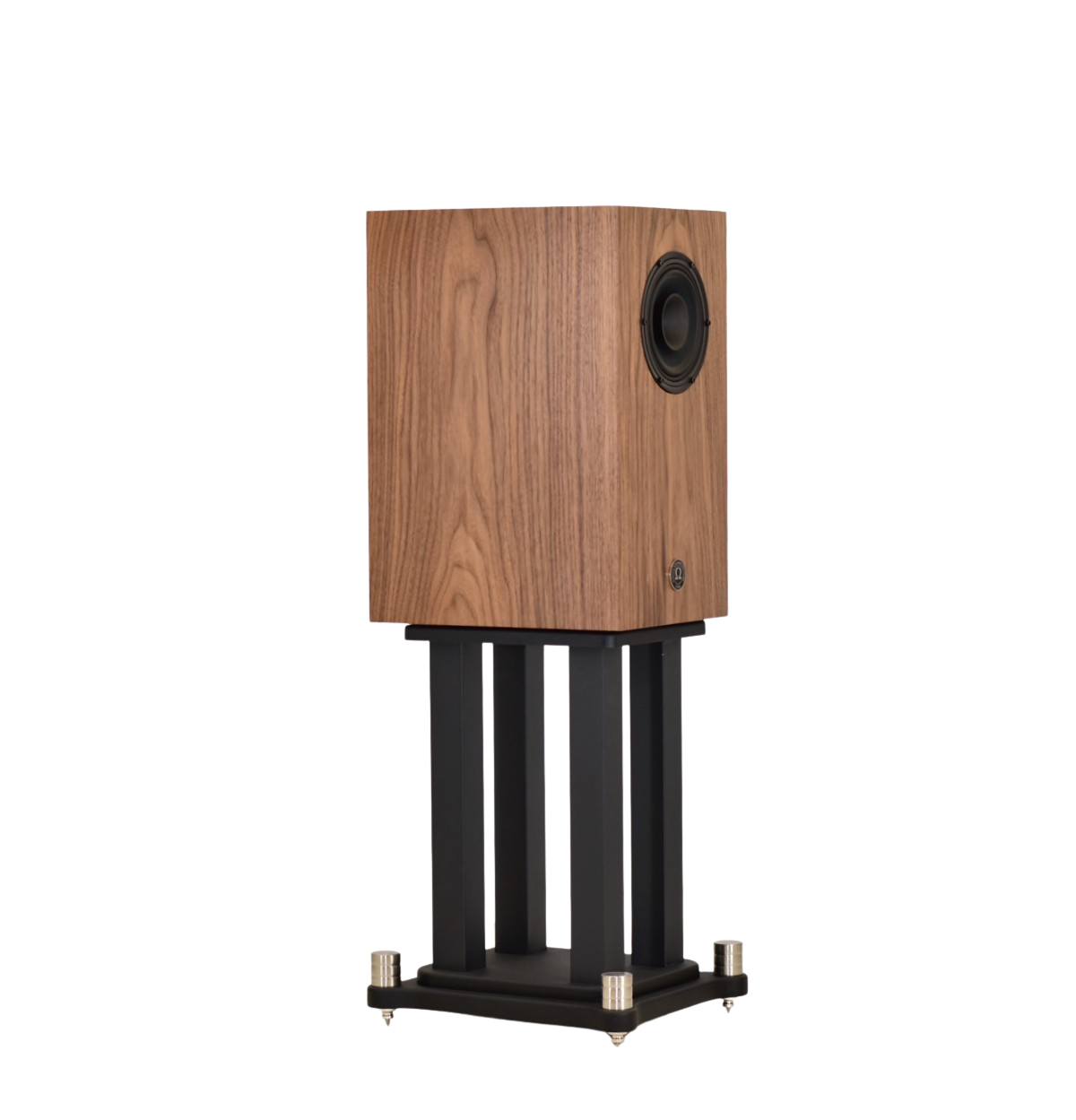 side view of omega speakers systems super alnico monitor on stands in walnut wood finish