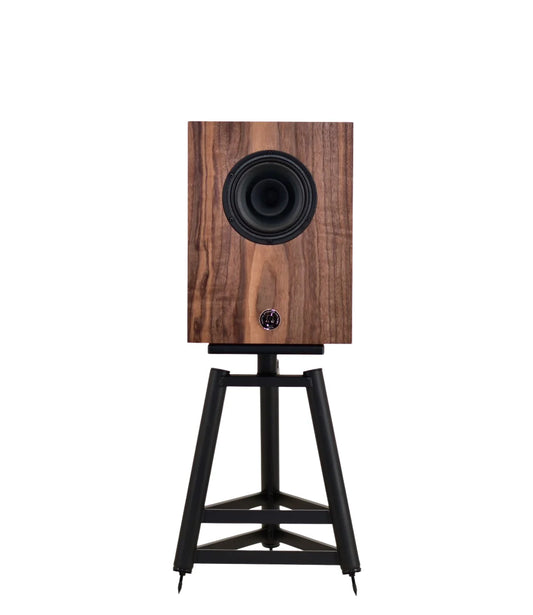 omega Speakers compact alnico monitor on 3 point stand front view finished in walnut wood